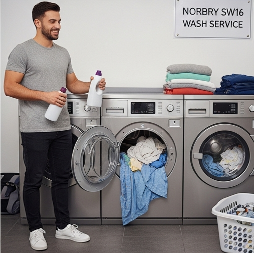 Customer using self-service washing machines at The Big Wash laundromat in Norbury SW16, loading colorful laundry with detergent and neatly folded clothes on top of washers
